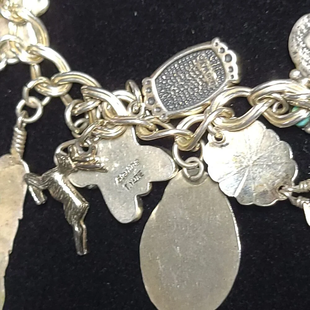 NAVAJO, HOPI, ZUNI & PAWN Turquoise Spiny Oyster, Lapis, Coral CHARM BRACELET - Picture 7 of 12